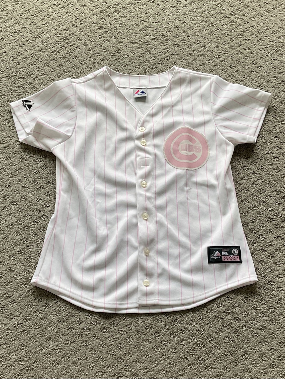 Majestic White Baseball Jersey with Pink Pinstripes and Pink Cubs Logo 0548